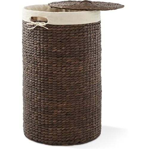 Casafield Round Laundry Hamper with Lid and Removable Liner Bag - Espresso, Woven Water Hyacinth Wicker Laundry Basket for Clothes and Towels
