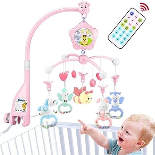 Baby Mobile for Crib with Musicial and Lights, Remote and Projection. Pack and Play Toys for Ages 0+ Months (Pink-Bee)