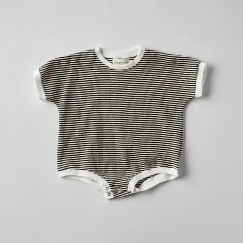 12-18 Mo. Ezra Waffle Romper in Black Stripes