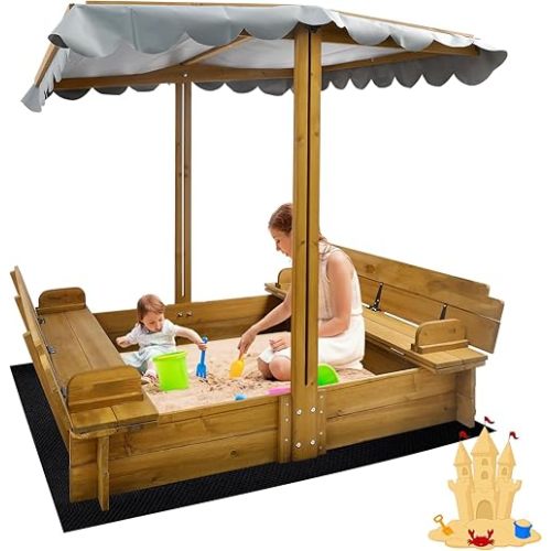 Kids Sandbox with Lid, Wooden Sand Box with Cover Outdoor, UV-Protection & Natural Wood, Foldable Bench Seat, Adjustable Canopy, Sand Box for Kids Ages 2-8(47x47in)