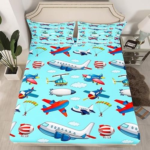 Kids Aircraft Fitted Sheet & Pillow Sham Set Boys Cartoon Airplane Print Bedding Set Helicopter Flying Plane Fitted Sheet Travel Decor Bed Cover Cute Colorful Planes Room Decor Full Size…