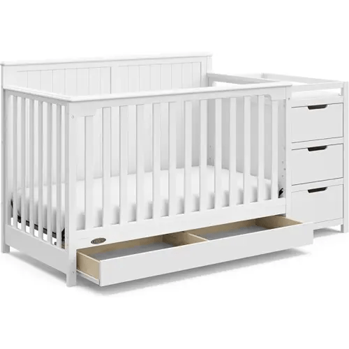 Graco Hadley 5-in-1 Convertible Crib and Changer with Drawer (White) – GREENGUARD Gold Certified, Crib and Changing Table Combo with Drawer, Includes Baby Changing Pad, Converts to Full-Size Bed