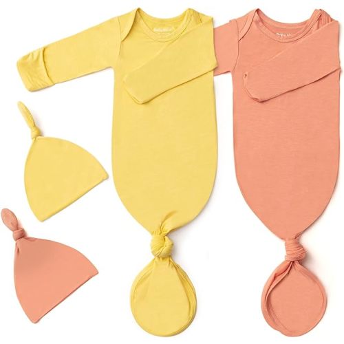 2Pk Newborn Baby Knotted Gown, Super Soft Silky Infant Long Sleeve Sleeper for Baby Sleeping with Hat or Headband (2 Packs) - Bean Pink+yellow - 0-3 Months