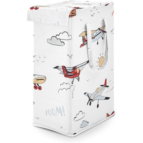 Sweet Jojo Designs Vintage Airplane Boy Laundry Hamper Foldable Dirty Clothes Basket with Handles for Baby Nursery Kids Bedroom Teen Bathroom Airplanes Air Plane Transportation Clouds Sun Sky Aviator