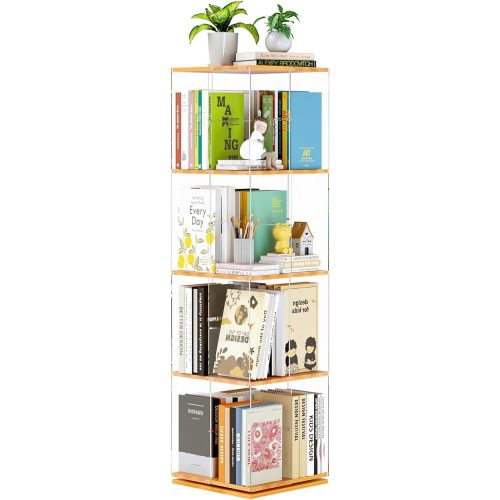 TAKEKIT Rotating Bookshelf, 360 Degree Revolving Bookcase, 4-Tier Spinning Bookshelf, Clear Acrylic & Solid Wood Rotating Bookcase for Kid’s Playroom, Bedroom and Living Room, Square
