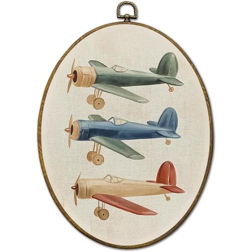 QZQE Airplane Boy Nursery Oval Wall Art Decor Framed, Retro Aviation Oval Canvas Prints, Aviation Plane Wall Hanging Decor for Kids Boy Nursery Toddler Room Bedroom Playroom, 8.6x11.4 Inch