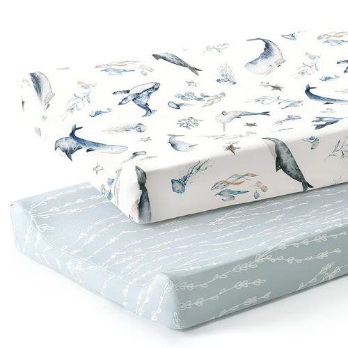 GRSSDER Stretch Ultra Soft Jersey Knit Changing Pad Cover Set 2 Pack, Change Table Pad Covers Fit 32"/34" x 16" Pads Safe and Snug, Sea Fish Print for Girls and Boys