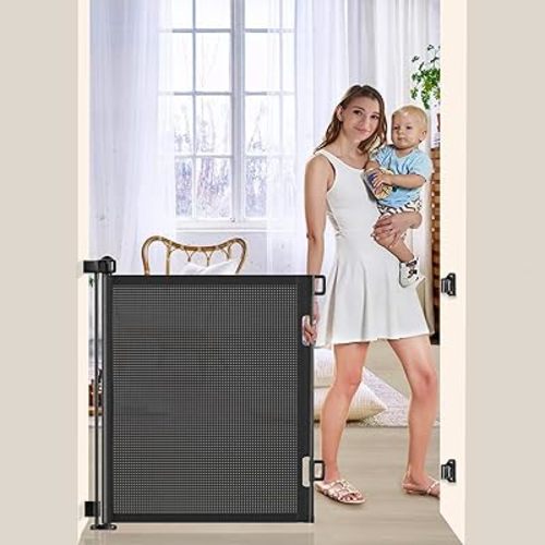 55 inch Retractable Baby Gates, EZIGO Extra Wide Baby Gate for Large Opening Extra Long Mesh Gate for Kids or Pet Dog Gate Child Safety Gate for Stairs Hallways Doorway Indoor Outdoor, Black