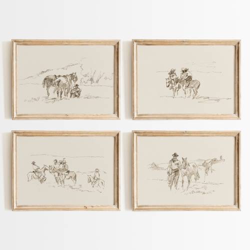 Cowboy Sketch Print Set Vintage Western Posters Southwestern Decor Neutral Minimalist Wall Art Vintage Horse Art