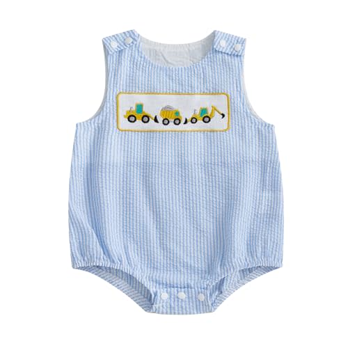 Mobbdow Newborn Baby Boy Construction Clothes Excavator Embroidery Sleeveless Seersucker Bubble Romper Bodysuit Summer Outfit