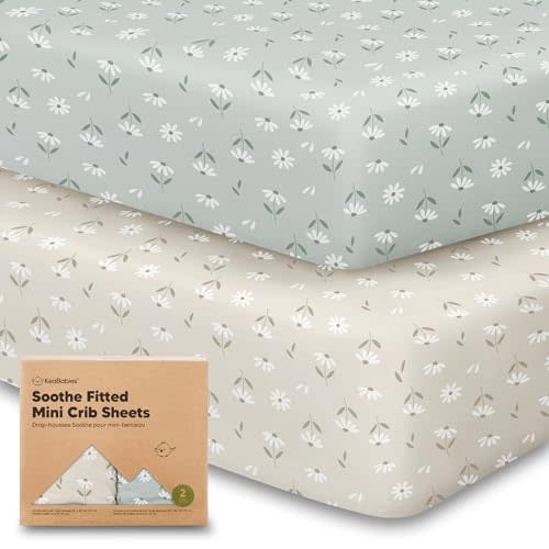 2-Pack Mini Crib Sheets Fitted, Pack and Play Sheets - Organic Cotton Pack N Play Sheets for Pack and Play Mattress, Playard Baby Crib Sheets, Jersey Crib Sheets Neutral for Boys,Girls (Daisies)