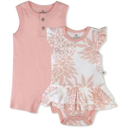 HonestBaby Multipack Short Romper and Ruffle Bodysuit Dress 100% Organic Cotton for Infant Baby and Toddler Girls