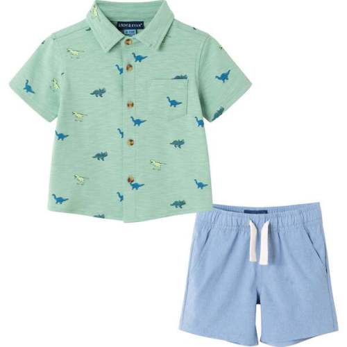 Infant Light Green Dinosaur Print Knit Buttondown & Blue Hybrid Short Set, Lt Green - Andy & Evan | Maisonette
