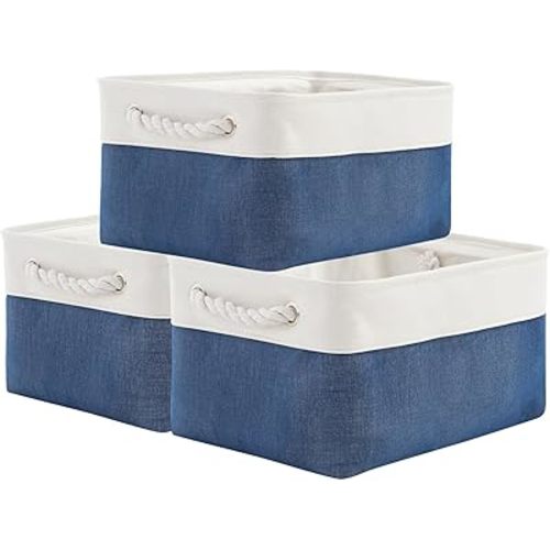 TheWarmHome Storage Basket for Organizing - Medium 3 Pack 14x10x7 inch Fabric Storage Cubes for Shelves with Rope, Collapsible Storage Bin for Organizer Closet Cloth Gift Toy (White & Jean Blue)