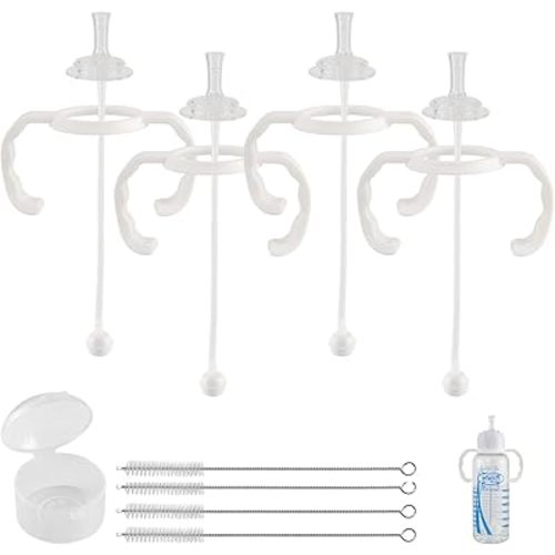 Straw Cup Conversion Kit for Dr Browns Narrow and Narrow Glass Baby Bottles, Spill-Proof Transition Kit with Silicone Straw Nipple, Weighted Straw, Handle, 4 Pack, 6m+