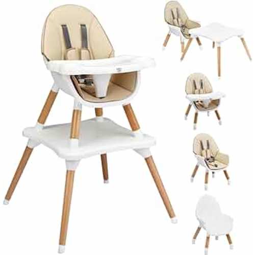 BABY JOY 5 in 1 High Chair, Convertible High Chairs for Babies and Toddlers/Booster Seat/Table and Chair Set, Infant Wooden Highchair w/ 5-Point Harness, 4-Position Removable Tray & PU Cushion (Khaki)