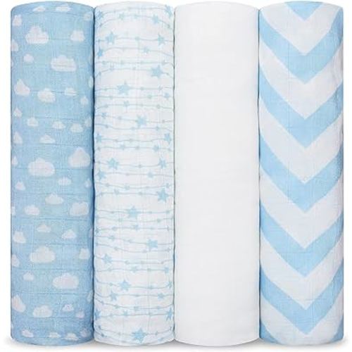 Comfy Cubs Muslin Swaddle Blankets Neutral Receiving Blanket Swaddling, Wrap for Boys and Girls, Baby Essentials, Registry & Gift (Blue)