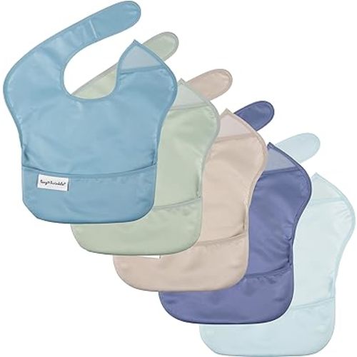 Tiny Twinkle Mess-Proof Baby Bibs for Eating | Waterproof, Wipeable Toddler Bibs with Catch-All Pocket | Feeding Bibs for Girls & Boys(5 Pack, Boy Spring)