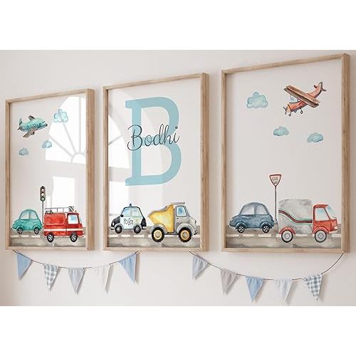 Transport Cars & Planes Set - 3 Unframed Poster Prints, Personalized Name for Boy/Girl Nursery/Bedroom, Watercolor Design, Wall Art Decor, Police Car, Truck, Van, Planes, Blue, Red, Yellow (12x16)