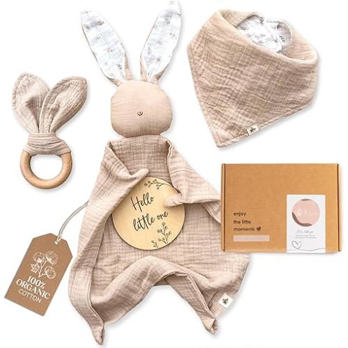 Mikito Organic Cotton Newborn Gift Box, Unisex Baby Gift Set incl. Muslin Lovey Comforter + Bandana Bib + Wooden Teether + Birth Announcement Sign