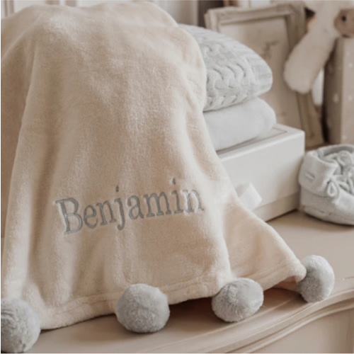 Pale Blue Pom Trim Fleece Baby Stroller Blanket