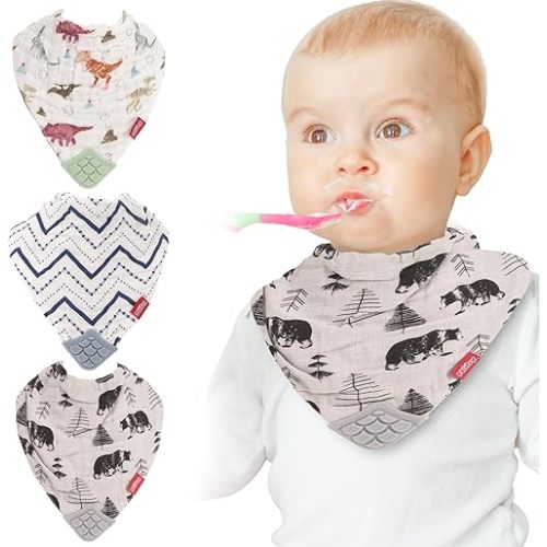 Nuby Baby Bibs - 3 Pc Muslin Bibs - Reversible 100% Natural Cotton Teething Bib - Baby Bibs For Girls And Boys, Baby Essentials