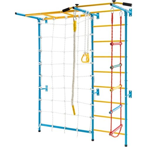 Costzon 7 in 1 Climbing Toys for Toddlers, Indoor Kids Gym for Exercise, Steel Ladder Wall Set with Wall Ladder, Pull-up Bar, Rope and Gymnastic Rings, Climber Ladder Boys Girls Gift