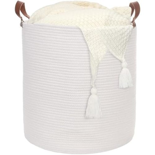 Caroeas XX-Large Cotton Rope Basket, 20'' x 16'' Rope Baskets with Leather Handles, 80L Woven Baby Laundry Blanket Basket, Woven Basket for Toys, Collapsible Thread Laundry Hamper (White)
