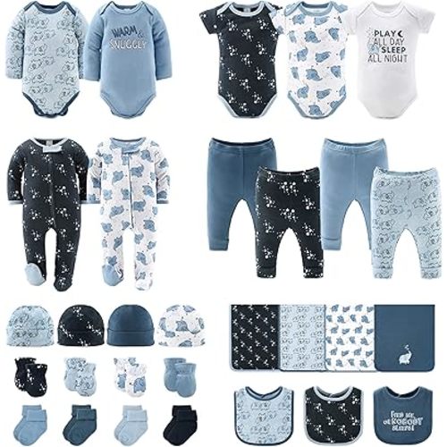 The Peanutshell Baby Layette Gift Set for Baby Boys - 30 Piece New Born Baby Boy Gift Set, Baby Clothes & Newborn Essentials Must Haves - Newborn Baby Boy Clothes 0-3 Months - Elephant Blue