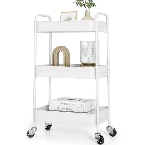 TOOLF 3 Tier Metal Rolling Cart, Utility Storage Cart with Wheels, White