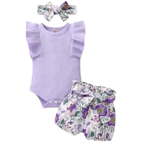 Tiny Cutey Baby Girl Clothes Infant Summer Outfits Set Ruffle Sleeve Romper and Floral Shorts with Headband