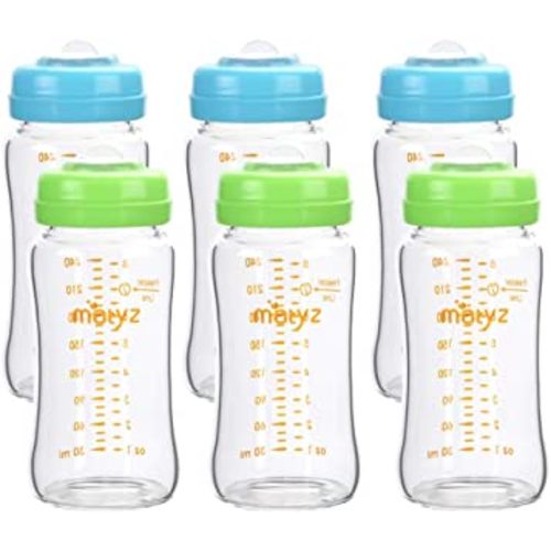 Matyz Glass Breastmilk Storage Bottles, 6 Pack, 8 oz, Compatible with Spectra Medela Pump - Store, Freeze, Warm Up Milk Well - Large Breastmilk Storage Containers - BPA Free (3 Green & 3 Blue Lids)