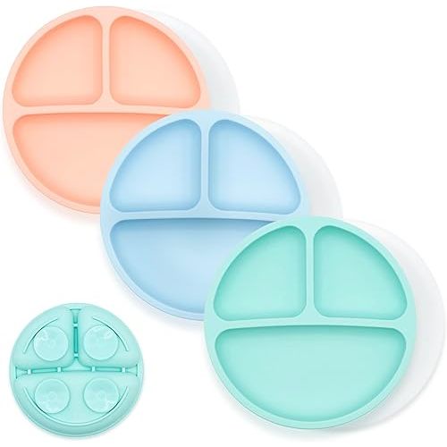 WeeSprout Suction Plates for Babies With Lids & Toddlers - 100% Silicone, Dinnerware Stays Put, Divided Design for Picky Eaters, Microwave & Dishwasher Friendly, 3 Pack