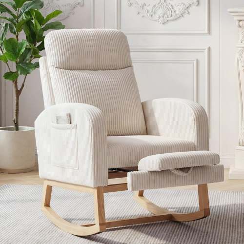 Garvee Corduroy Nursery Rocking Chair With Foot Rest, 26" High Backrest, Teddy Velvet, Living Room, Bedroom, 300 lbs Capacity
