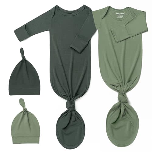 2Pack Knotted Gown Baby, Super Soft Long Sleeve Newborn Hospital Outfit Boy Girl Coming Home, Built-In Mittens Clothes