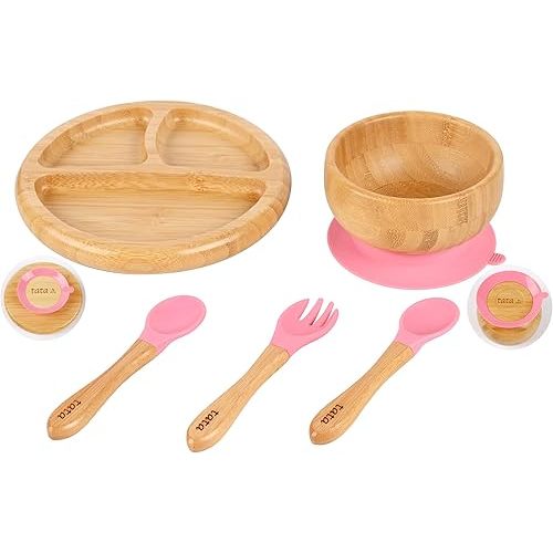 ® Bamboo Baby Plate and Bowl Set with Spoons and Fork for Babies | Bamboo Toddler Plates | Bamboo Suction Plate and Bowl Set for Babies | Baby Led Weaning Feeding Set - BPA Free