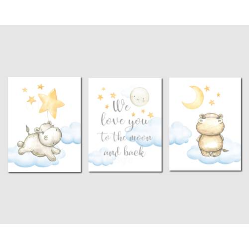 Hippo Nursery Art, Blue Gray Nursery Decor, Boy Nursery, We Love You To The Moon and Back, Moon and Stars, Hippos, Unframed Prints or Canvas