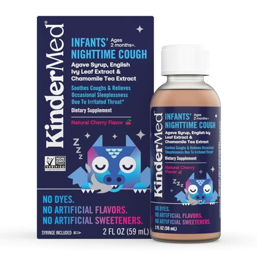 KinderMed Infants' Nighttime Cough, Organic Agave Syrup, English Ivy Leaf Extract, Chamomile Tea Extract, No Dyes, No Artificial Flavors or Sweeteners, Ages 2 Months+, Natural Cherry Flavor (2 Fl Oz)