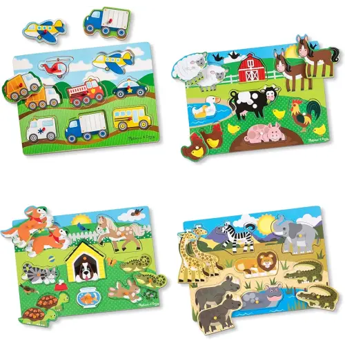 Melissa & Doug Wooden Peg Puzzle 4-Pack for Toddler and Preschool Boys and Girls – Vehicles, Farm, Safari, Pets