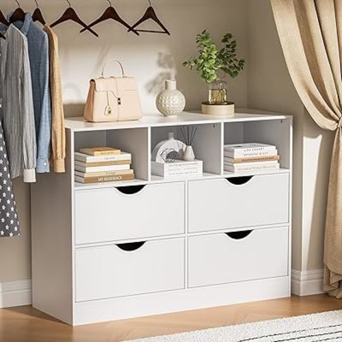 4 Drawers Dresser with Open Cube, White Chest of Drawers for Bedroom, Fabric PU Closet Drawer Dresser Large Organizer, 4 Drawers, White