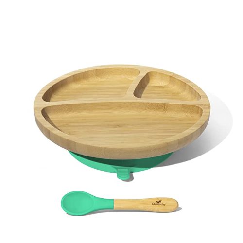 Avanchy Toddler Baby Plates Divided Bamboo, Suction for Babies Kids Toddler Food with Silicone Spoon for Feeding, Green