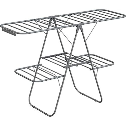 SONGMICS Clothes Drying Rack, Foldable 2-Level Laundry Drying Rack, Free-Standing Large Drying Rack, with Height-Adjustable Wings, 33 Drying Rails, Sock Clips, Gray ULLR053G02