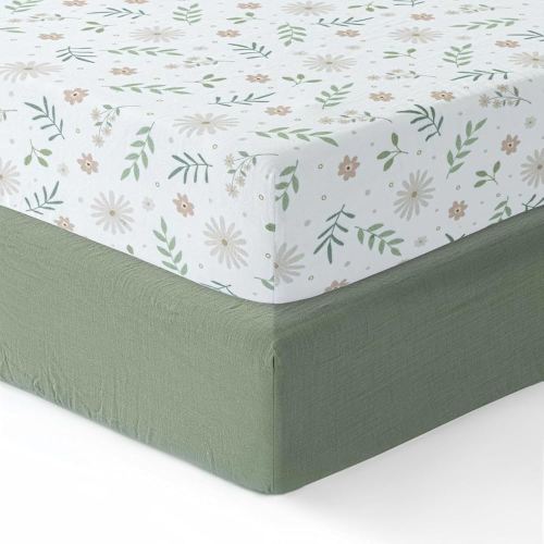 Muslin Crib Sheets For Boys,Girls,Soft,Breathable Crib Sheet,2 Pack,100% Cotton Floral Crib Sheets for Standard Cribs,Toddler Bed Sheets,52x28 Crib Mattress Sheet fitted | Green and Flowers
