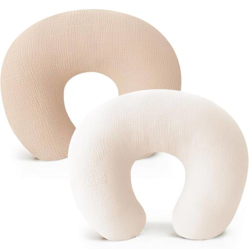 Konssy 2-Pack Muslin Nursing Pillow Covers, Soft & Adorable Nursing Covers for Breastfeeding Pillows, Slipcovers for Newborn Boys & Girls(Oat, Wheat)