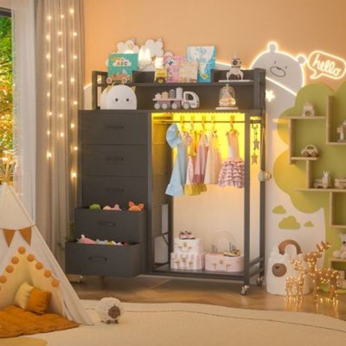 Besiost Dresser for Bedroom with Clothes Rack & Shelves, 5 Drawers Dresser with Charging Station