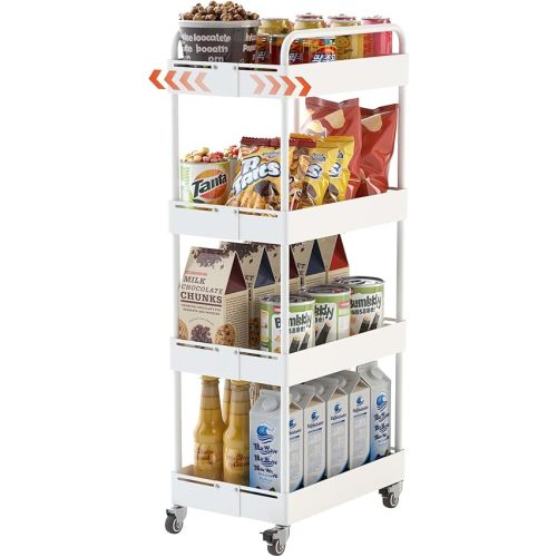HOTEAGLE Storage Cart 4 Tier - Adjustable Width & High Adaptability Metal Utility Rolling Carts with Wheels, Ideal Storage Organizer for Livingroom, Kitchen and Bathroom, White