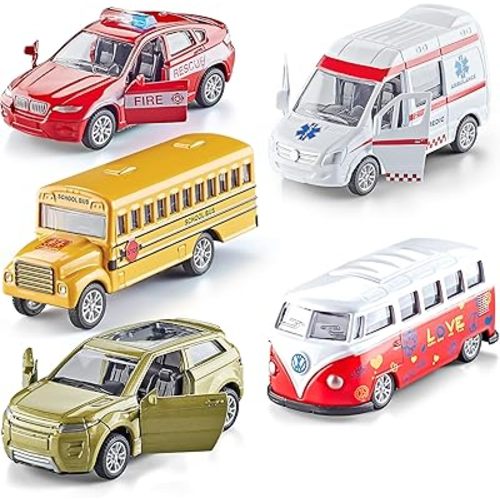 KIDAMI Die-cast Metal Toy Cars Set of 5, Openable Doors, Pull Back Cars Ambulance, Gift Pack for Kids (Official Car Ⅱ)