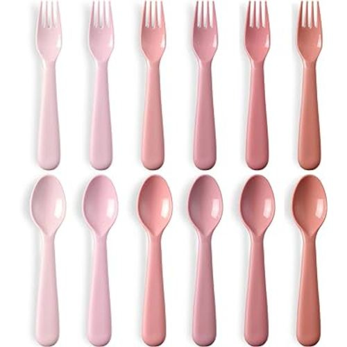 12 Pcs Toddler Utensils Set, Plastic Spoons and Forks Set for Kids, Multicolor Children Safe Flatware, Plastic Reusable Cutlery, BPA Free, Dishwasher Safe - Pink