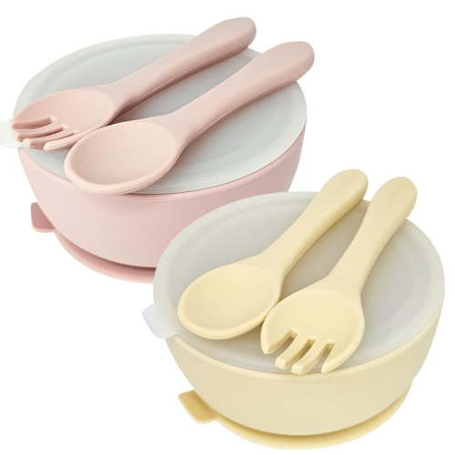 HippoBaby 6 Piece Silicone Suction Baby/Toddler Bowl Set with 2 Bowls, 2 Spoons, 2 Forks, Safe Food Grade Silicone, Soft on Gums (Cream/Rose Quartz)
