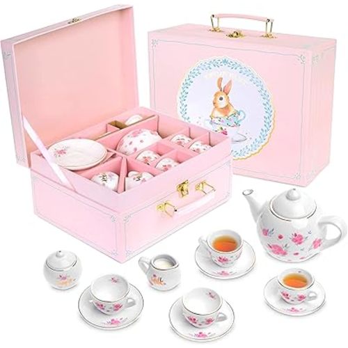 Jewelkeeper Porcelain Tea Set for Little Girls Ages 2-4 - 13-Piece Mini Toddler Tea Set with Pink Picnic Basket - Real Tea Cups, Teapot, Saucers - Floral Design - Children Play Tea Set